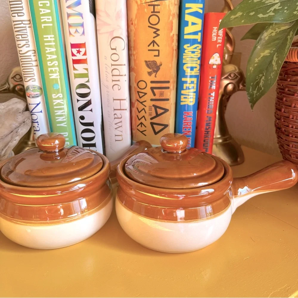 Vintage Set of Two Tri Dipped Ombre Brown Glazed Potters Soup Bowls With Lids